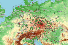 Den rekordů 2024 - OK1KKI - mapa spojení (červené = CW, zelené = SSB)