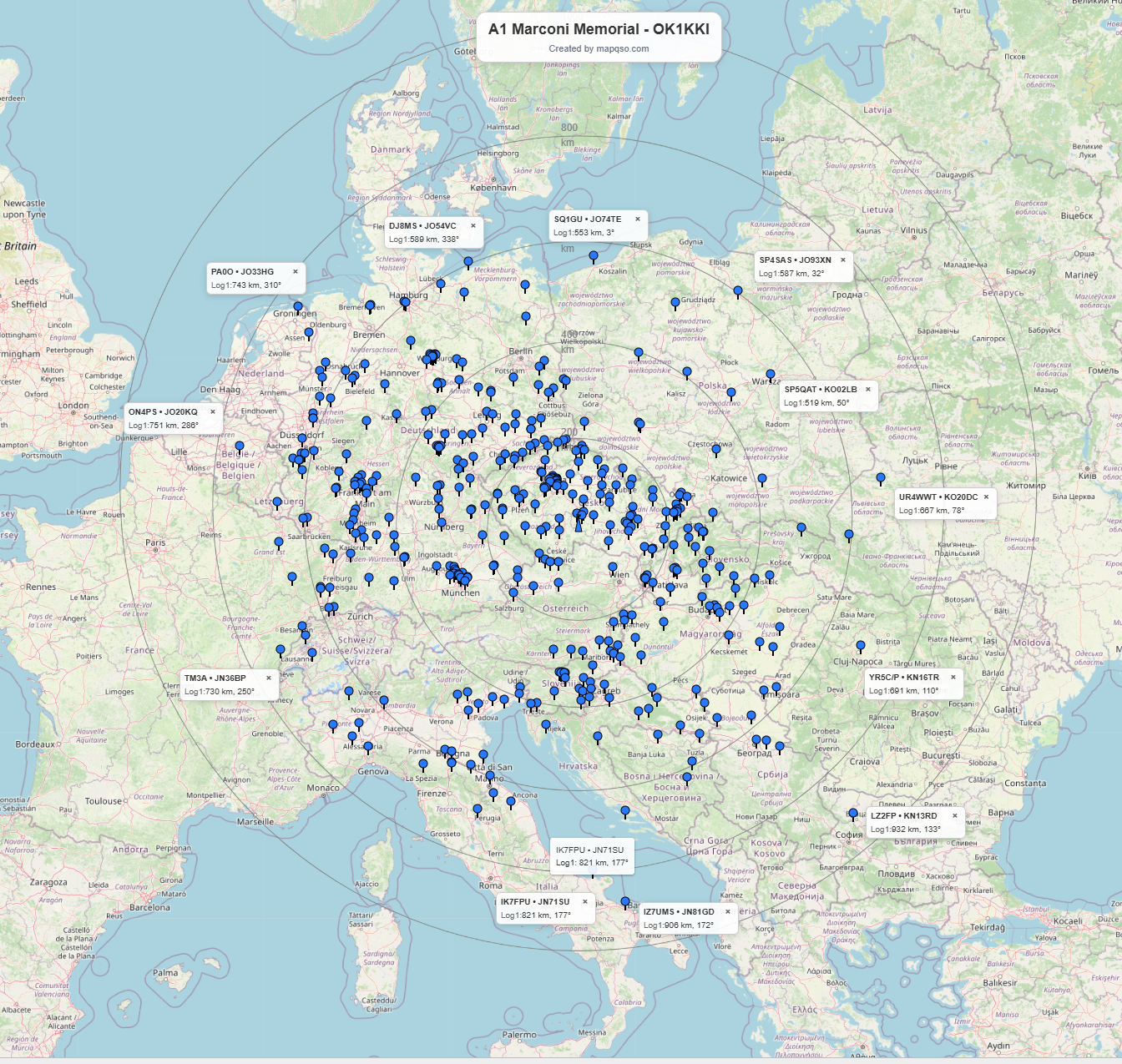 A1 Marconi Memorial 2025 - OK1KKI - přehled spojení